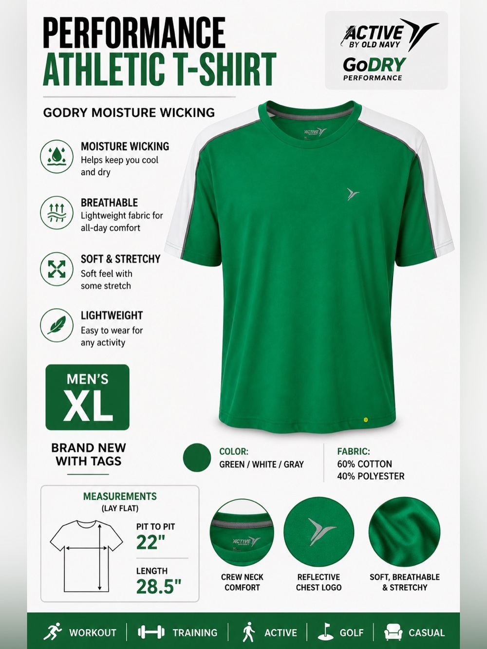 Mens XL Performance Athletic Shirt GoDRY Moisture Wicking Green Colorblock NWT - Picture 3 of 14